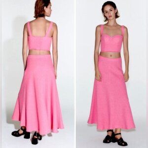 NWT ZARA Textured Tweed Flared Hem Candy Pink Long Skirt 2929/469/633 Size XL